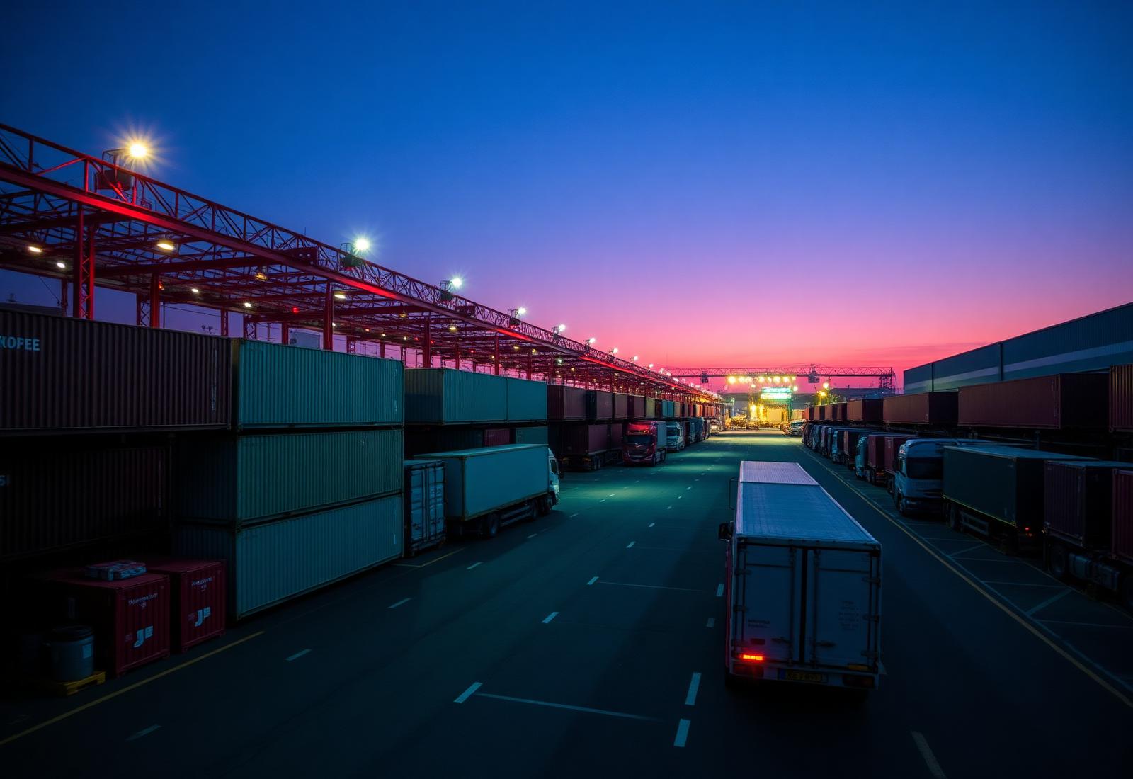 Freight trucks at a logistics terminal